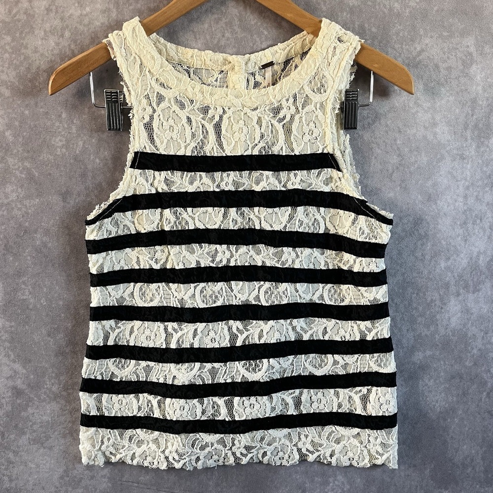 Free People Lace Tank Top Womens XS Ivory Black Striped Sleeveless Button Back